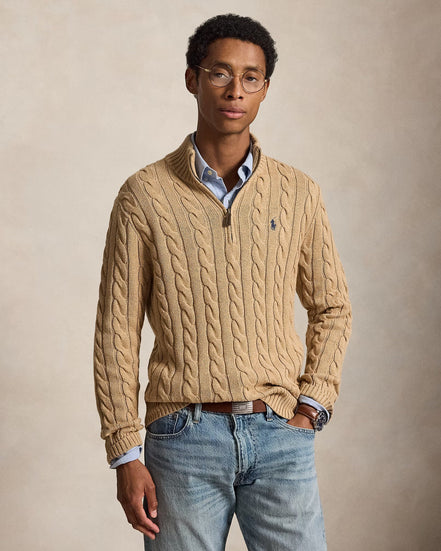 Cable-Knit Quarter-Zip Jumper - Camel Melange